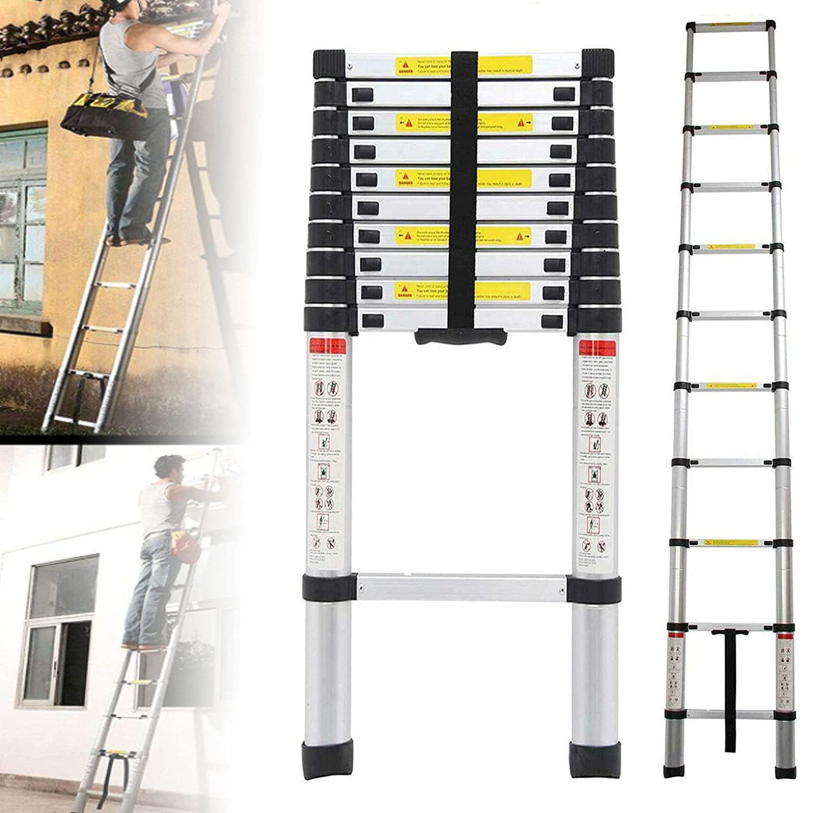 RASOANOA Teleskop-Ausziehleiter aus Aluminium – 18 Fuß/19 Fuß/20 Fuß – ausziehbar, mit Federkraft, Verriegelungsmechanismus, rutschfest, 5,0 m/16,5 Fuß (Silber 2 m/6,5 Fuß) Lucky Star Ambitious