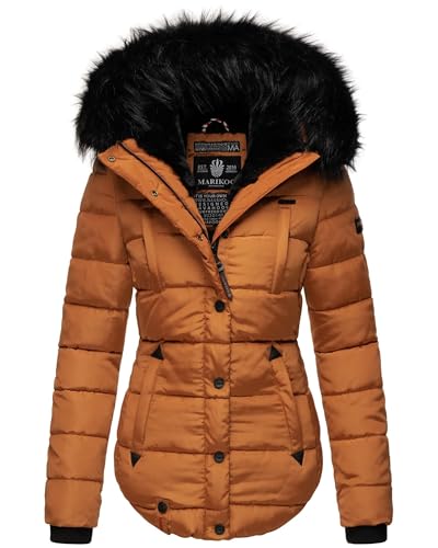 MARIKOO warme Damen Winter Jacke Winterjacke Steppjacke gefüttert Kunstfell B618 [B618-Lotus-Cinnamon-Gr.S]