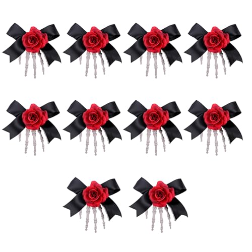 10 Auffällige Haarnadel Halloween Skelett Handknochen Rose Schleife Haarspange Zubehör Bühnenaufführungen Schmuck