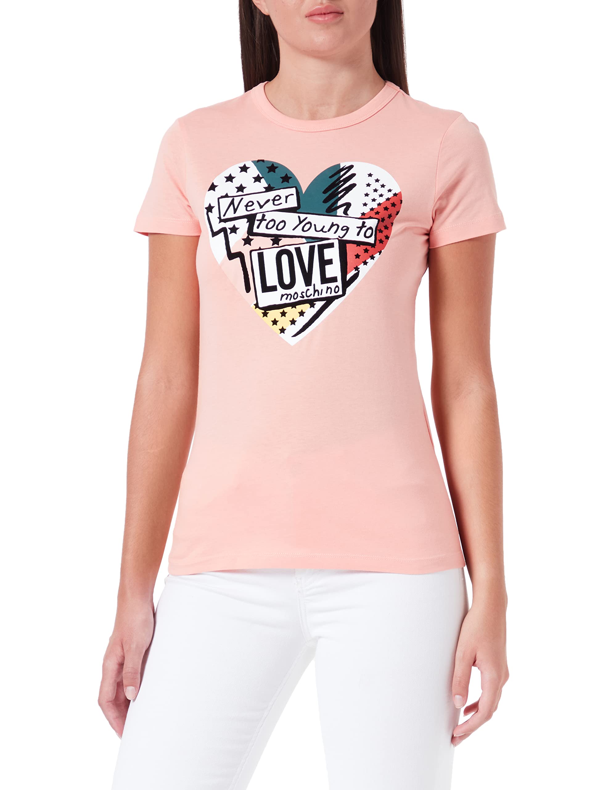 Love Moschino Damen Slim Fit Short Sleeves T-shirt With Patchwork Heart Print T Shirt, Rosa, 48 EU