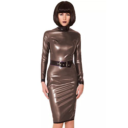 Figurbetontes Kleid für Damen, mit Gürtel, Rollkragen, schmal, über dem Knie, langärmelig, PVC-Kleid für Damen, Übergröße, Kleidung für Damen, Dunkelbraun, M