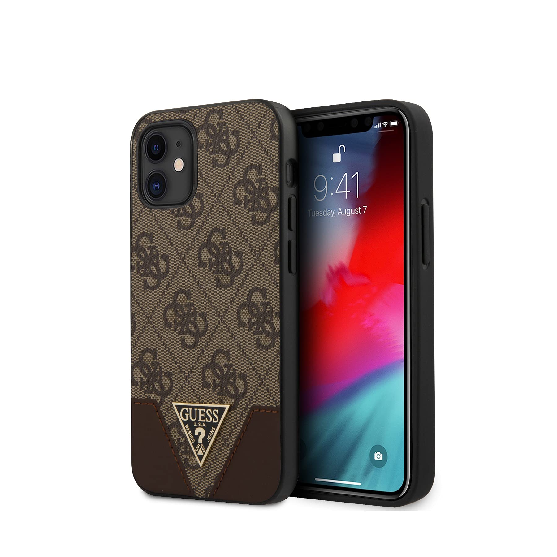 Guess - 4G Hartschale mit PU Kontrast und Metall Triangel Logo - Braun iPhone 12