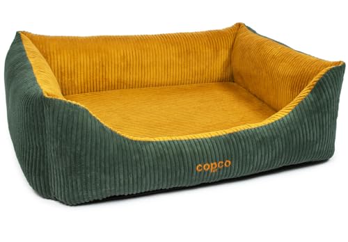 CopcoPet – Hundebett Kyra in Cord Stoff L/XL 100x80cm Goldgelb/Tannengrün – Hundekissen Schaumstoff mit abnehmbarem & waschbarem Bezug – Bequemer Hundekorb mit hohen Rändern & Rutschfester Unterseite