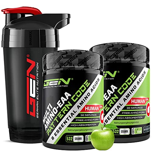 2x EAA Pulver Green Apple + Premium Shaker - Human Code Formel - Alle 8 essentielle Aminosäuren - Amino Workout Drink - Leckerer Geschmack - Vegan (2x - 532 g)