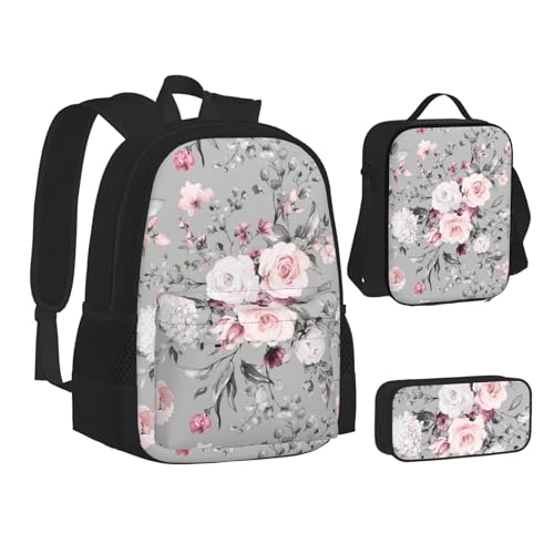 WURTON Lustiges Essen Hot Dogs Print Teenager Büchertasche Mittagessen Tasche Federmäppchen 3 in 1 Schulrucksäcke Set Kinder Rucksack, Pflanze, Blumen., Einheitsgröße