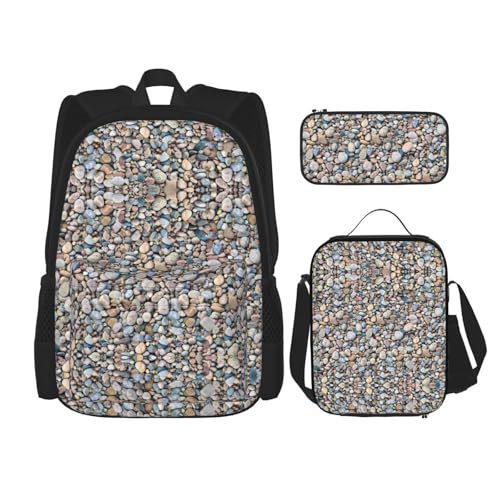 WURTON Rucksack-Set, Motiv: Kieselsteinmuster, verstellbare Schultergurte, Lunch-Tasche, Federmäppchen, Kombinationstaschen-Set