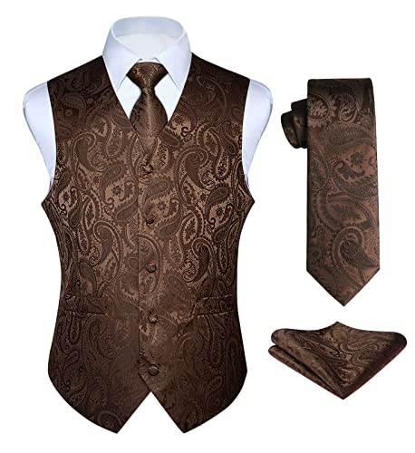 Enlision Weste Herren Paisley Floral Jacquard Anzugweste Krawatte Tasche Square Taschentuch Set V-Ausschnitt Ärmellose Fit Business Hochzeit Anzug Westen