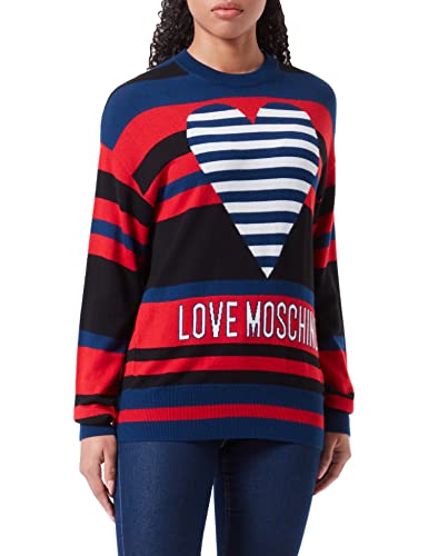 Love Moschino Women's Long-Sleeved with Seasonal Heart and institutional Logo Intarsia Pullover Sweater, Black Blue RED, 48