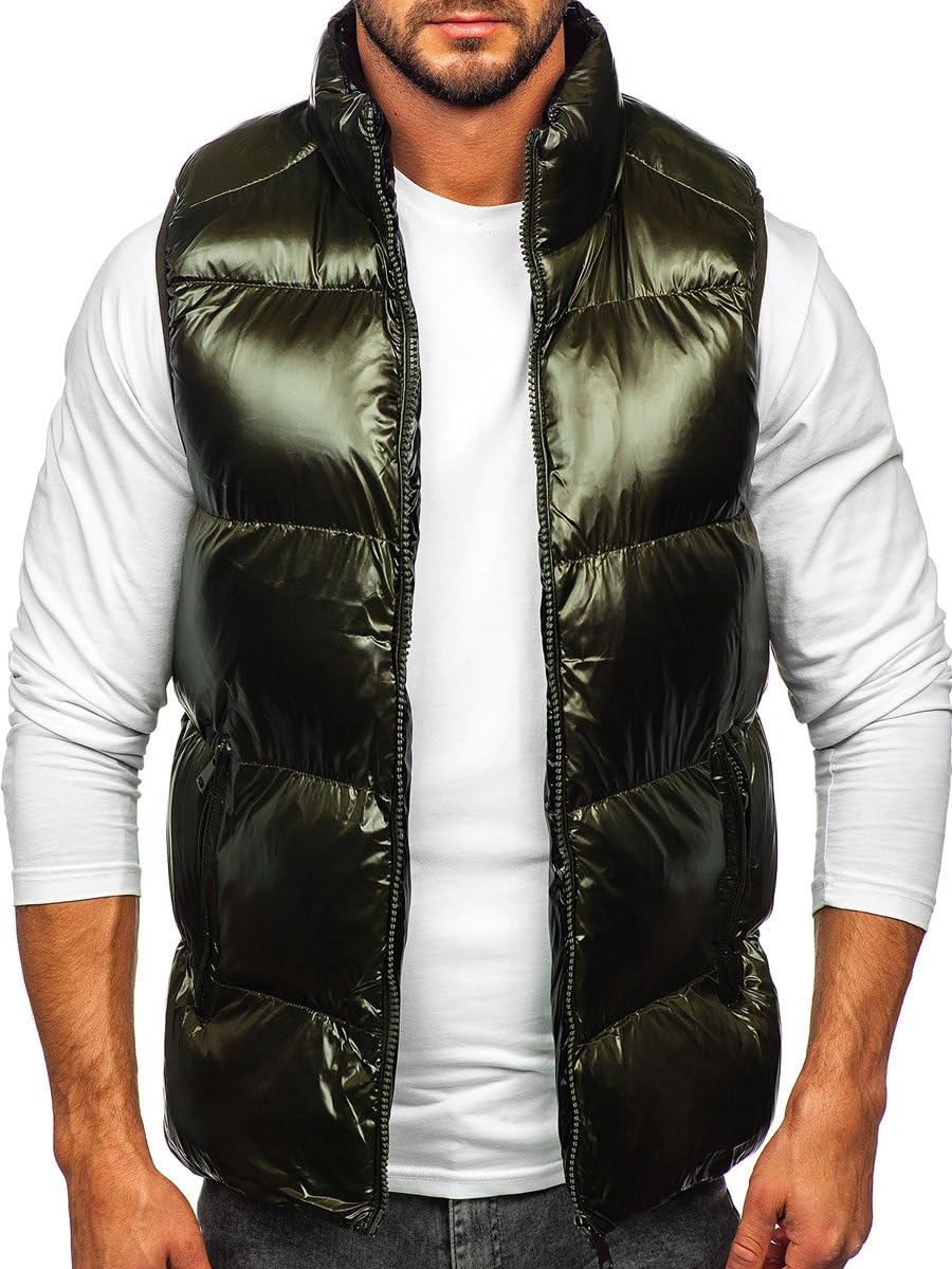 BOLF Herren Weste mit Stehkragen Steppweste Bodywarmer Daunenweste Reißverschluss Ärmellose Sportweste Zip Wärme Freizeit Outdoor Style 9968 Grün L [1U1]