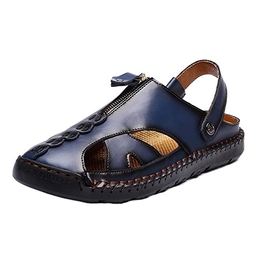 QSFZ Casual Sandals for Men Closed Toe Beach Sandal Ankle Strap Faux Leather Waterproof Outdoor Sandals (Color : Blau, Size : 44 EU)