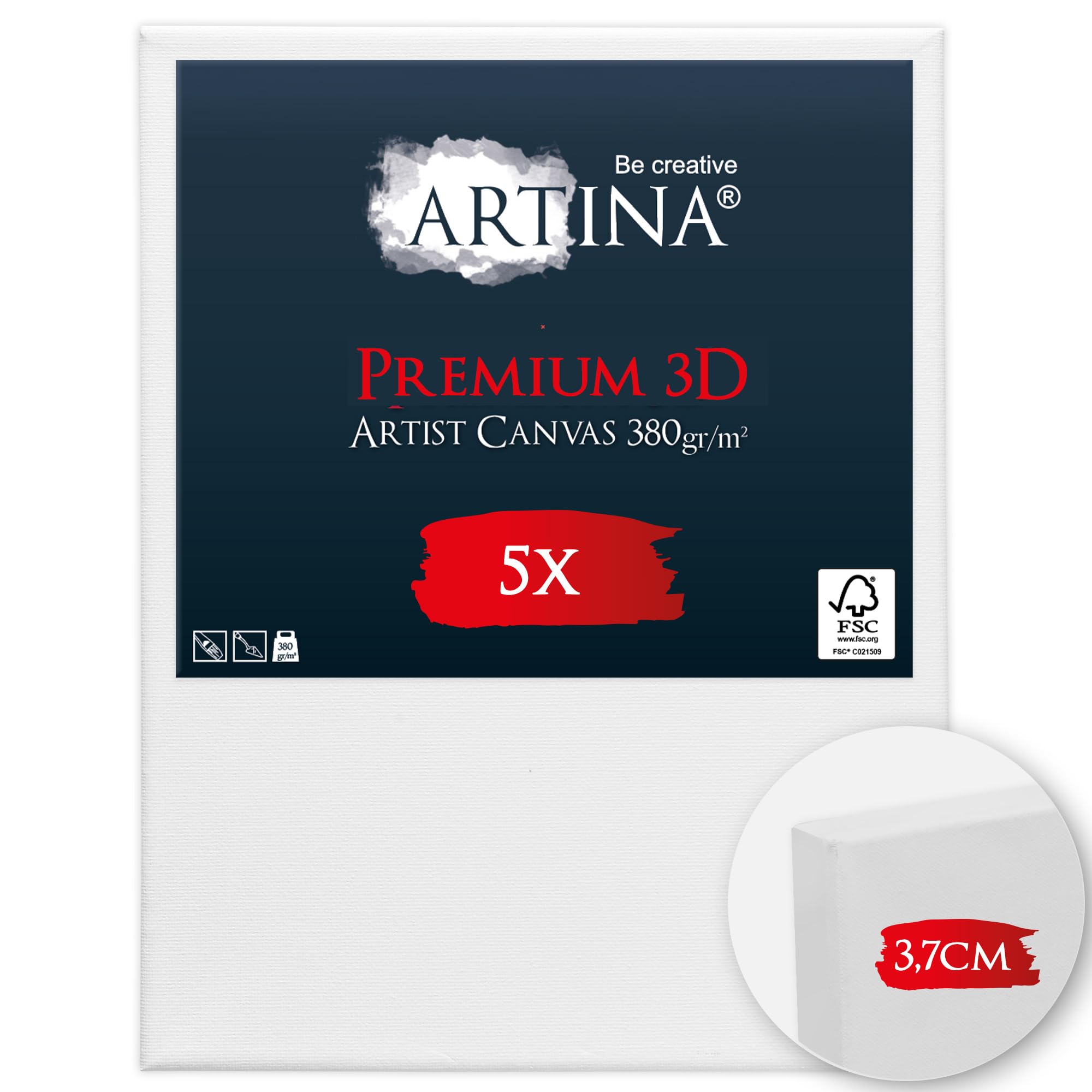 Artina 5er Set 3D Leinwand 30x40cm – Bespannt auf stabilem FSC® Keilrahmen, verzugsfrei, 3-fach weiß vorgrundiert, Premium Qualität, 100% Baumwolle, 380 g/m² – Künstlerbedarf