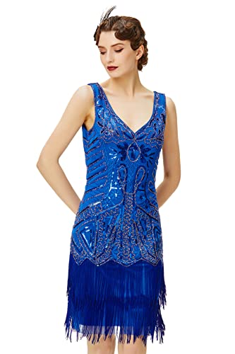 BABEYOND Damen Retro 1920er Stil Flapper Kleider mit Zwei Schichten Troddel V Ausschnitt Great Gatsby Motto Party Kostüm Kleider- Gr. S (Fits 74-84 cm Waist & 92-102 cm Hips), Blau