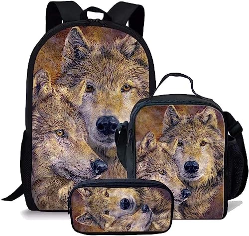 Wolf Schulranzen Set für Jungen Mädchen,3er Pack Schulrucksack Lässiger Tagesrucksack,Grundstufe Kinder Kinder Isolierte Brotdose,Bleistiftetui (A9,12.6inx5.5inx17in)