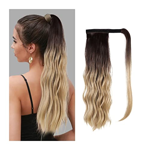 Ponytail Extension/Haarteil 16 Zoll lange gewellte Perücke, blond, hitzebeständig, synthetisches Wrap-Around-Clip-in-Pferdeschwanz-Haarteil, Pferdeschwanz-Verlängerung, gewellt, magische Paste, Pferde