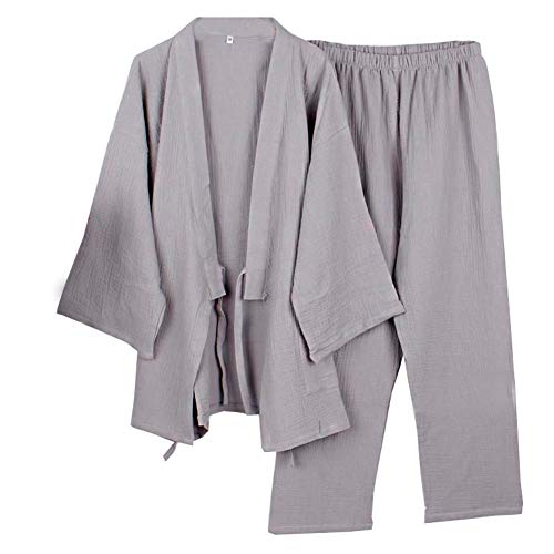 Fancy Pumpkin Japanische Herren Meditations Robe Doppel Gaze Baumwolle Morgenmantel Kimono Pyjama Nachthemd [Grau, Gr??e L]