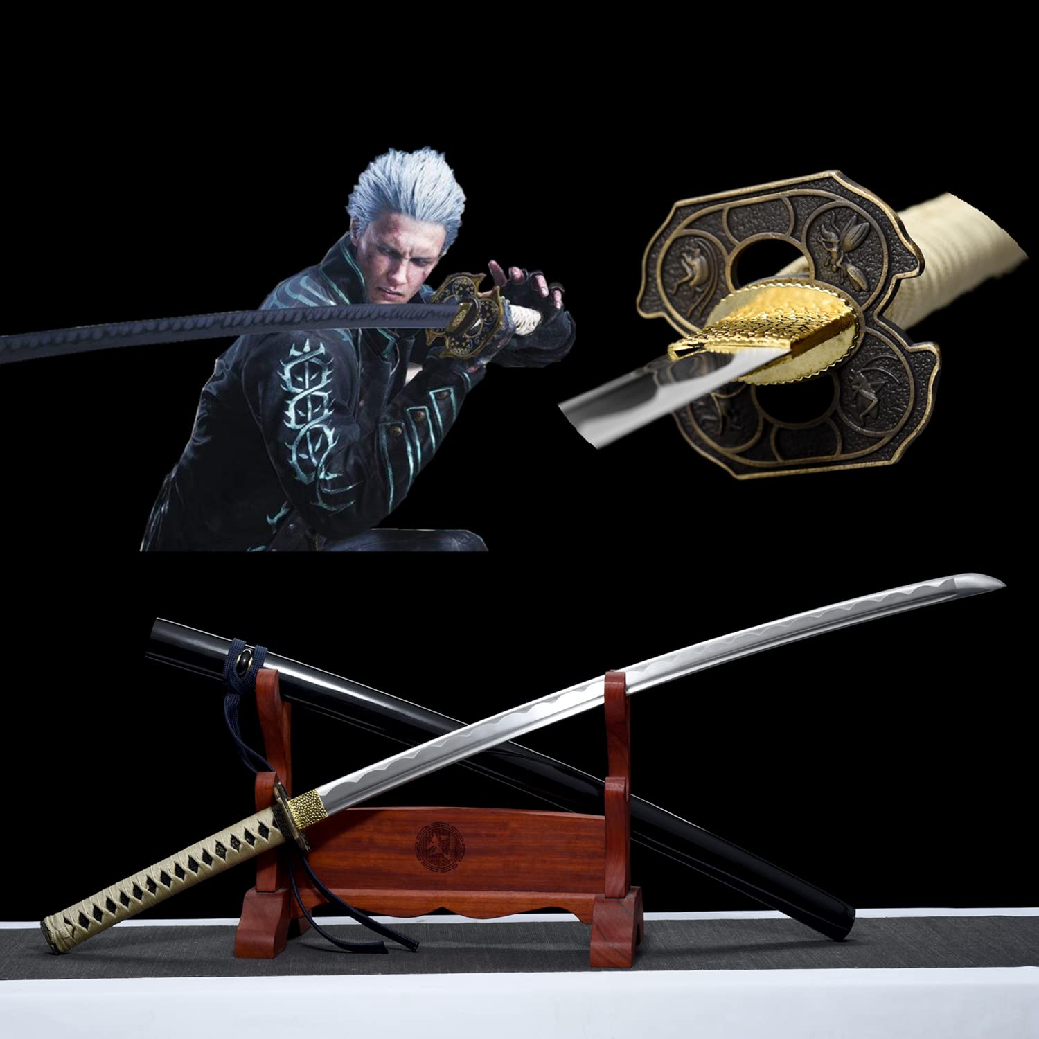 LQSMX sword Devil May Cry 5 Vergil Anime Cosplay Schwert Krieger Yamato Schwert/Dante's Rebellion, 41in Katana Schwert Real, Hand Forged,1045 Stahl