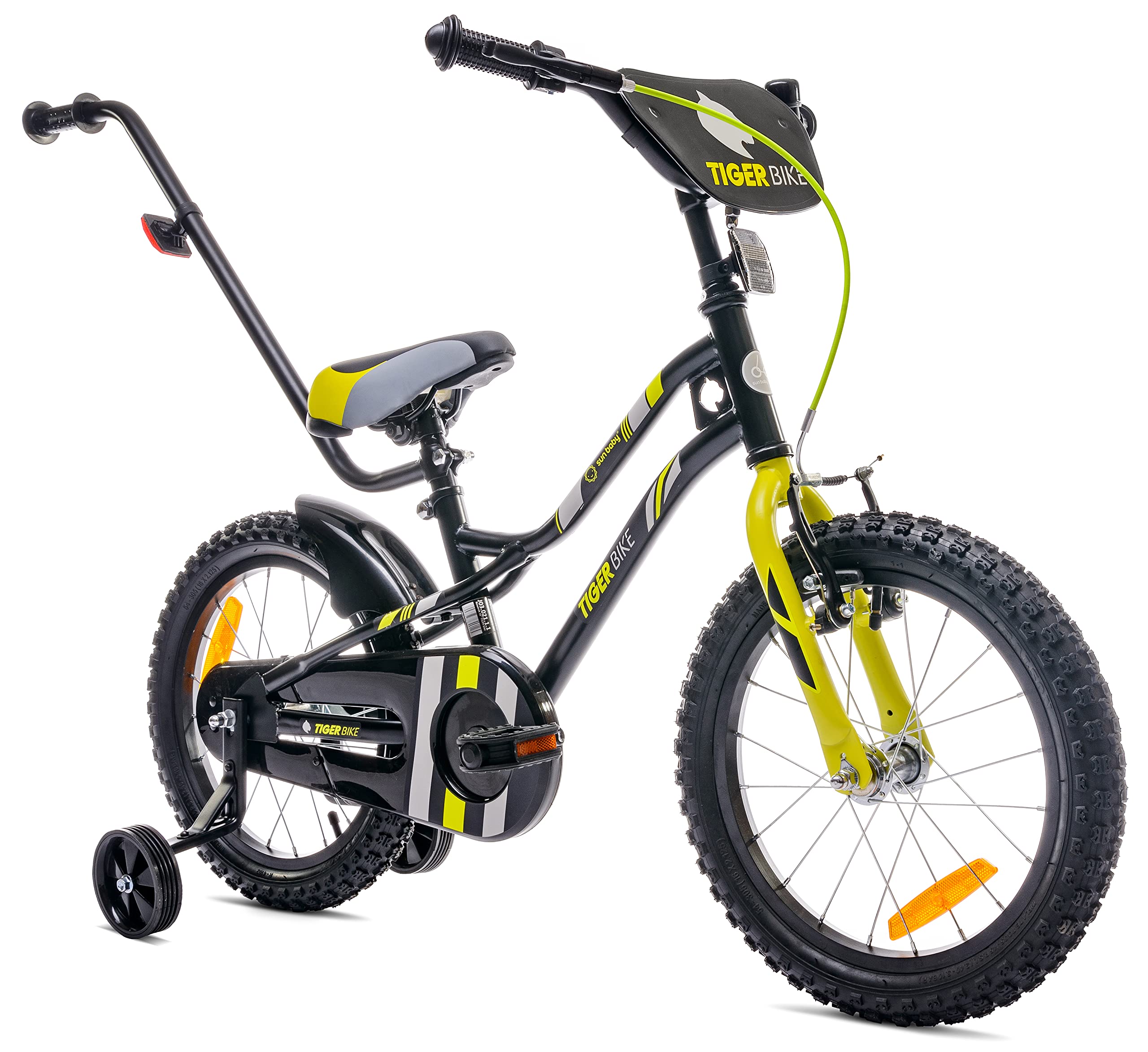 sun baby Jungenfahrrad 16 Zoll Jungen Kinderfahrrad Tiger Bike Leicht Stützräder mit Schubstange ab 2-6 Jahre BMX Fahrrad Kinder (Grün, 16 Zoll)