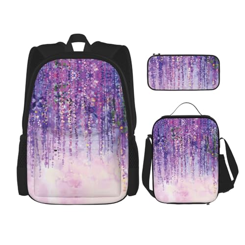 WURTON Schulrucksack-Set mit Efeublüten und Baum, Schultasche mit Lunchtasche, Federmäppchen, Kombinations-Schultaschen-Set