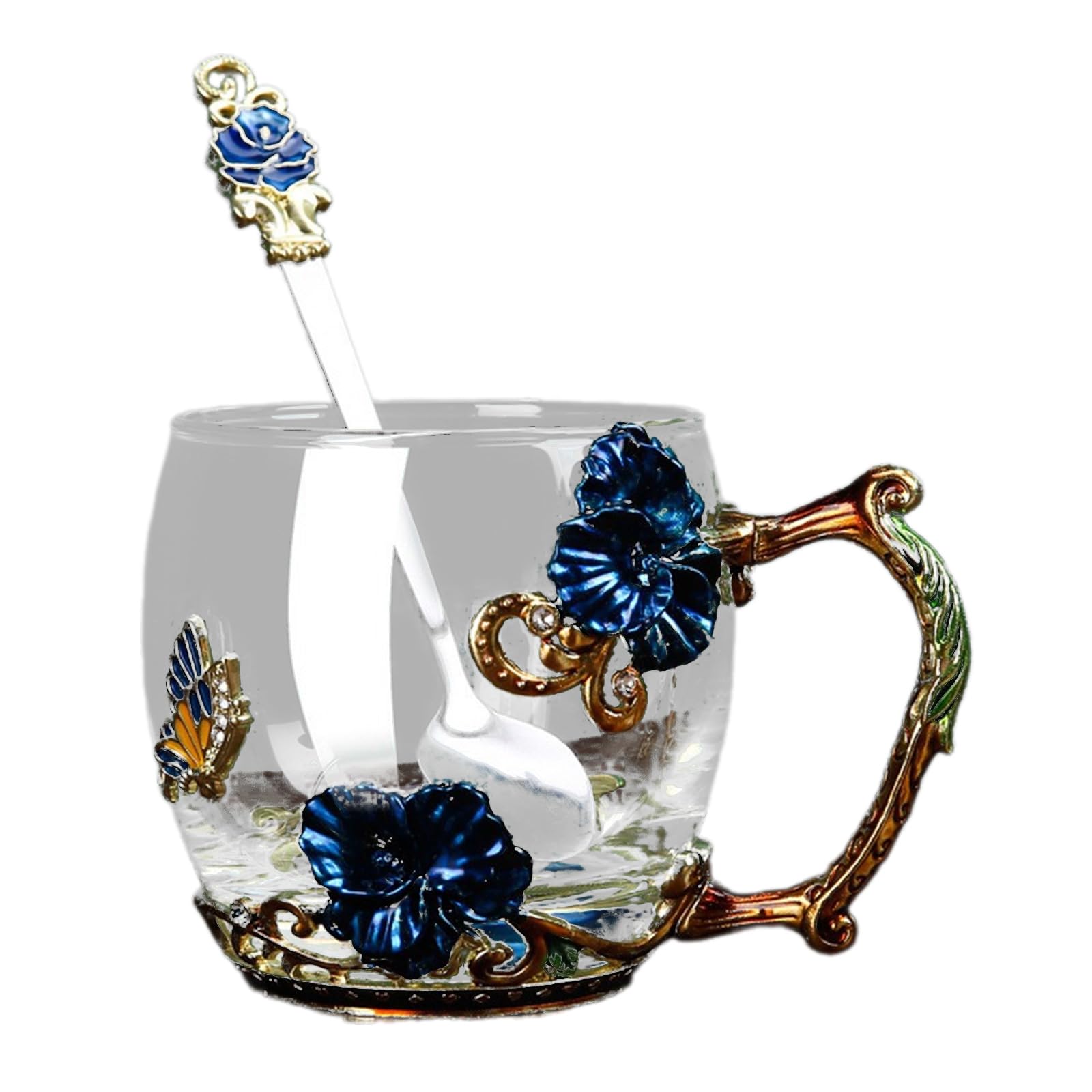 Praktisches Glas Emaille Becher Geschenkset Schmetterlinge Emaillierte Glasbecher Blumen Verzierter Glas Wasserbecher Mit Löffel