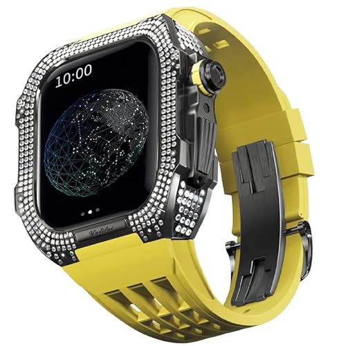 KANUZ Mod-Kit für Apple Watch Serie 6, 5, 4, SE, 44 mm, Gehäuse aus Titanlegierung und Gummiband für iWatch 6, SE, 5, 4, 44 mm, Ersatz-Uhrenarmbandzubehör (Farbe: Gelb 3, Größe: 44 mm)