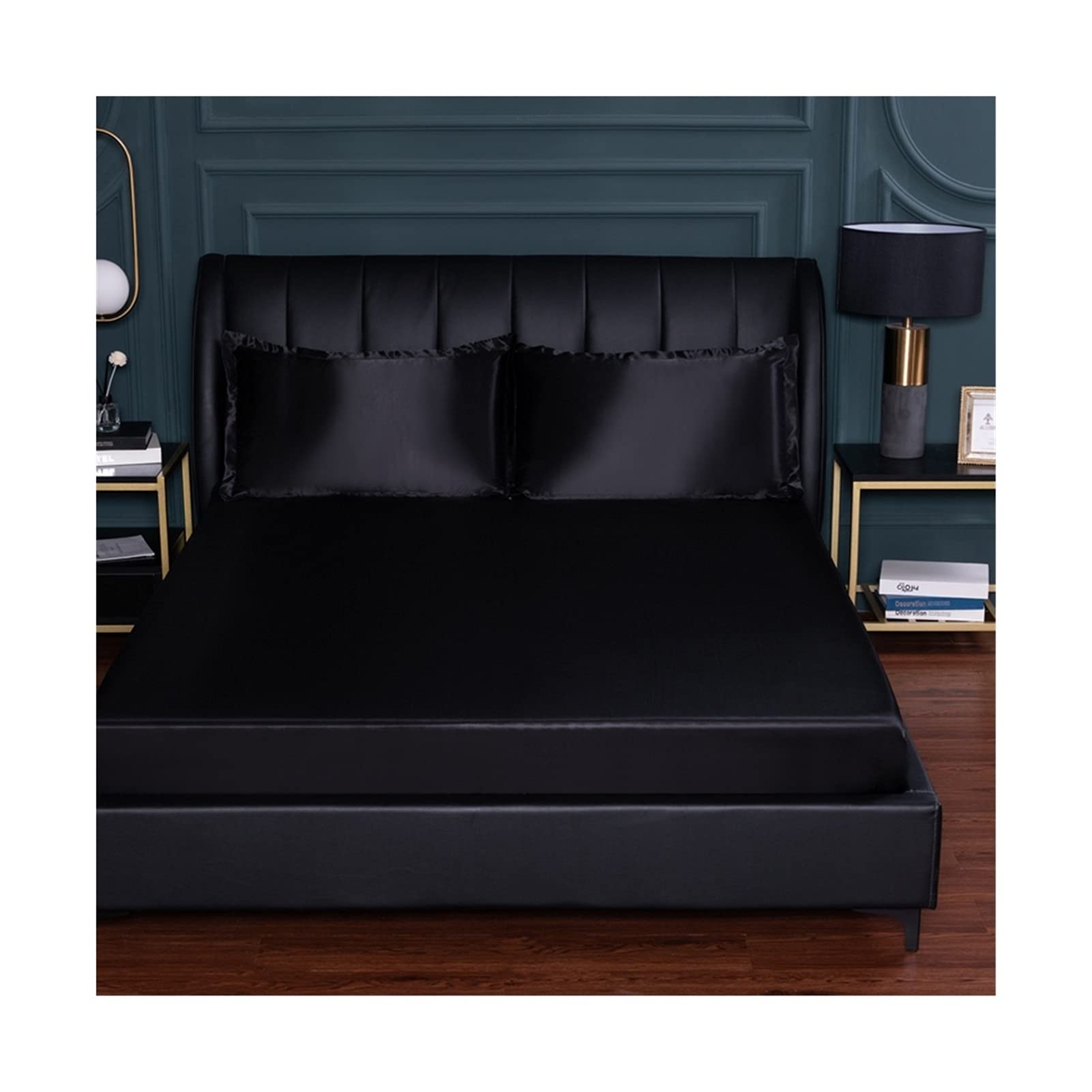 PAHION Sommer Spannbettlaken 150x200-180x200-200x220cm Bettlaken Glatter Eisseidenstoff Satin Einfarbig Laken 25cm tief Natürliche Kühle Spannbetttuch (Color : Black, Size : 200x220+25 cm)