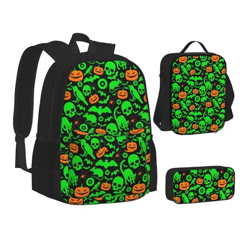 WURTON Grüner Geist Horror Halloween Kürbis Print Rucksack Lunchbox Set, 3-in-1 Büchertasche und Federmäppchen, passende Kombination, Schwarz, Einheitsgröße