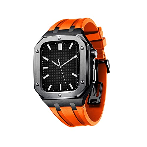 TONECY Silikonband, stoßfest, Militär-Metallgehäuse für Apple Watch 45 mm, 44 mm, Mod Kit-Zubehör, Metallschutzhülle mit Silikonband (Farbe: Schwarz/Orange, Größe: 45 mm für 7)