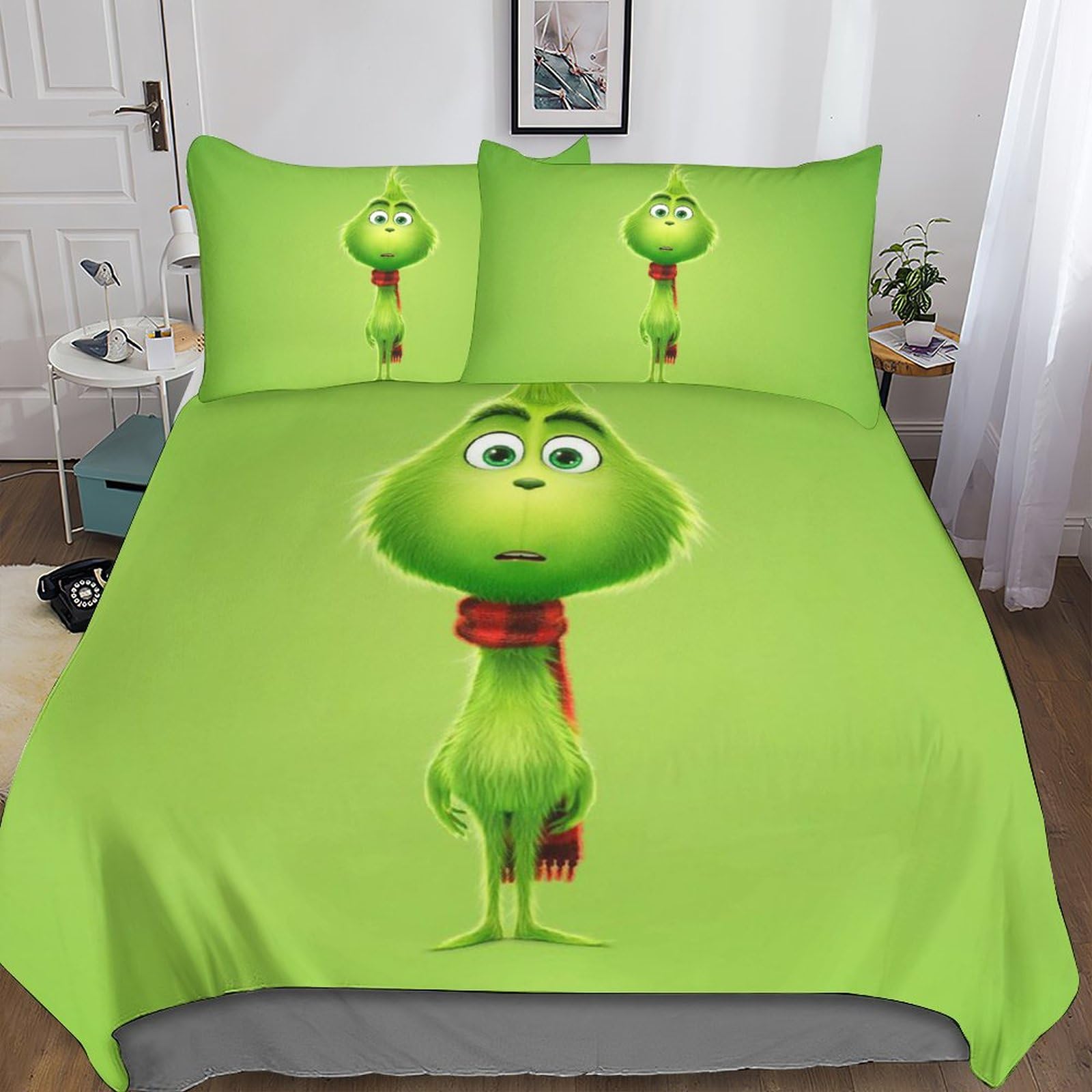 UKALOU The-Grinch 3D-DruckCartoon-Animation Bettwäsche Set Mit Reißverschluss, Superweiche Mikrofaser Bettbezug Und Kissenbezüge, Kinder Double（200x200cm）