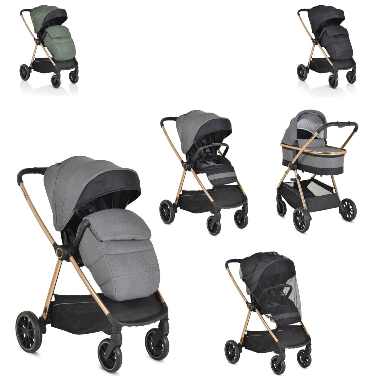 Cangaroo Kinderwagen 2 in 1 Hydra Babywanne Sportsitz Fußabdeckung Moskitonetz, Farbe:grau