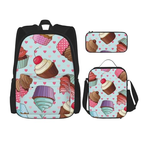 DENMER Mehrzweck-Schultasche mit passendem Federmäppchen und Lunchtasche, stilvolle All-in-One-Lösung, Cupcake-Muster, Einheitsgröße