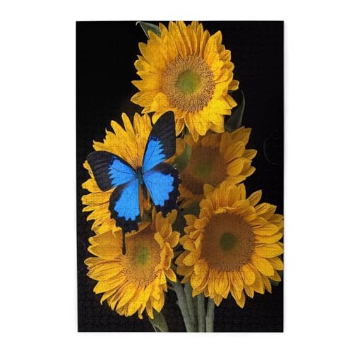 Gelbe Sonnenblumen mit blauen Schmetterlingen, Holzpuzzle, Haustier-Puzzle, Familientreffen, Stressabbau-Puzzle