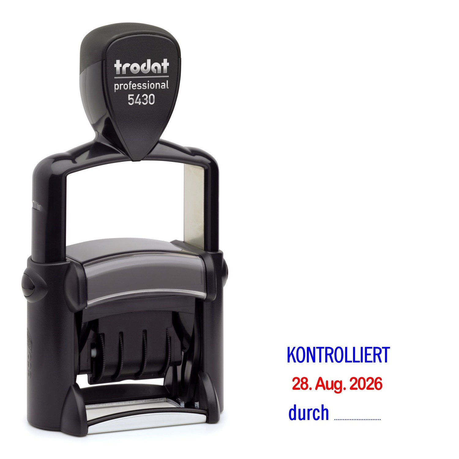 Trodat Professional Dater 5430 Datumstempel mit 2farbigem Kissen blau/rot + Wunschtext, Stempeltext:K O N T R O L L I E R T