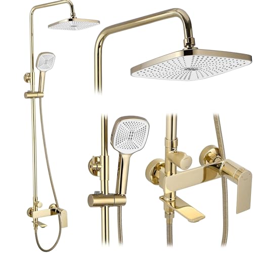 Rea Duschsystem STORM GOLD Duschset Duscharmatur mit Duschkopf und Kopfbrause aus Messing Duschgarnitur für Badezimmer (gold)