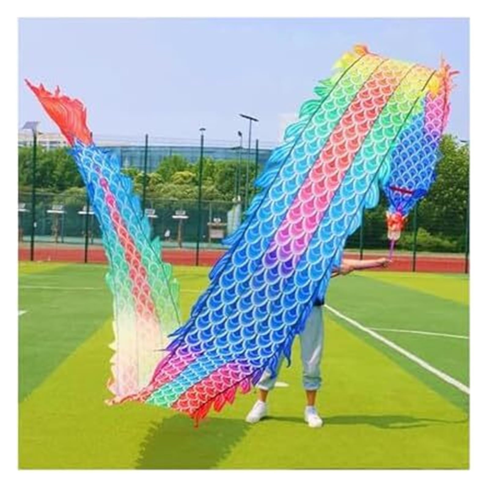 Drachenbänder, Tanzbänder, 3D bunter Drache, seidenartig, fließend, drehend und schüttelnd, quadratisches Rasen-Sport-Fitness-Drachentanzband im Freien mit Reisetasche(10m/33ft)