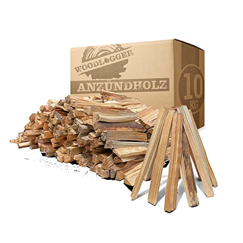 Woodlogger 10 KG Anzündholz I trockenes Anfeuerholz I premium Anmachholz I ofenfertiges Brennholz I Holz für Kaminofen, Lagerfeuer, Feuerschalen, Ofen I sauberes Grillholz I hochwertige Kaminanzünder