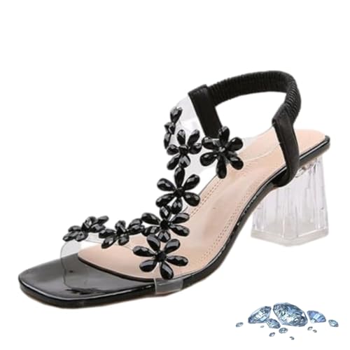 WINDEHAO Damen Sommer Riemchensandalen Strass High Heels Strass Absatz Sandalen mit Gummiband Schmetterling Blume für Abend Hochzeit, Schwarze Blume, 39 EU