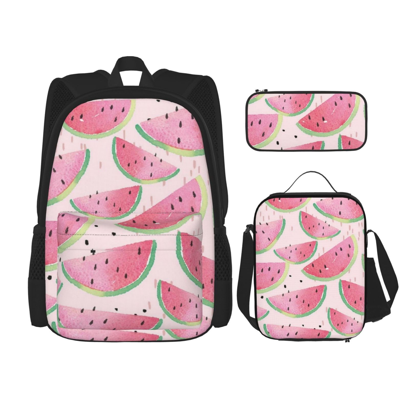 DENMER Mehrzweck-Schulranzen mit Libelle, mit passendem Federmäppchen und Lunchtasche, Set - Ihre stilvolle All-in-One-Lösung, Schwarz, Wassermelone Frische Frucht, Einheitsgröße