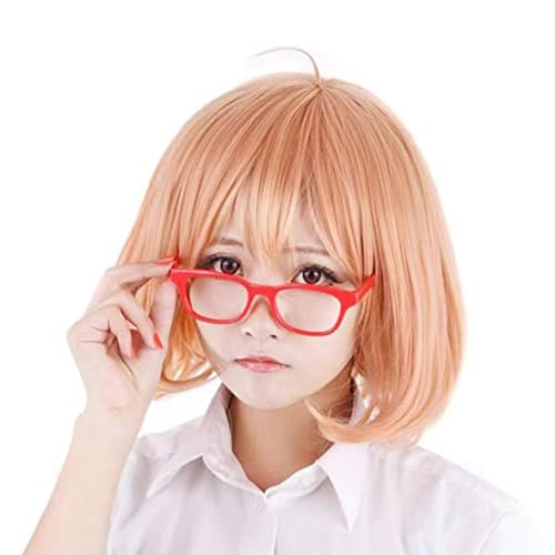 WCCNKK Anime Cosplay Perücke, Beyond The Boundary Kuriyama Mirai Perücke, Orange-Rosa Kurzes Haar Mit Brille, Mit Perückenkappe, Für Party Alltag Halloween Perücke Cosplay, Anime-Geschenk