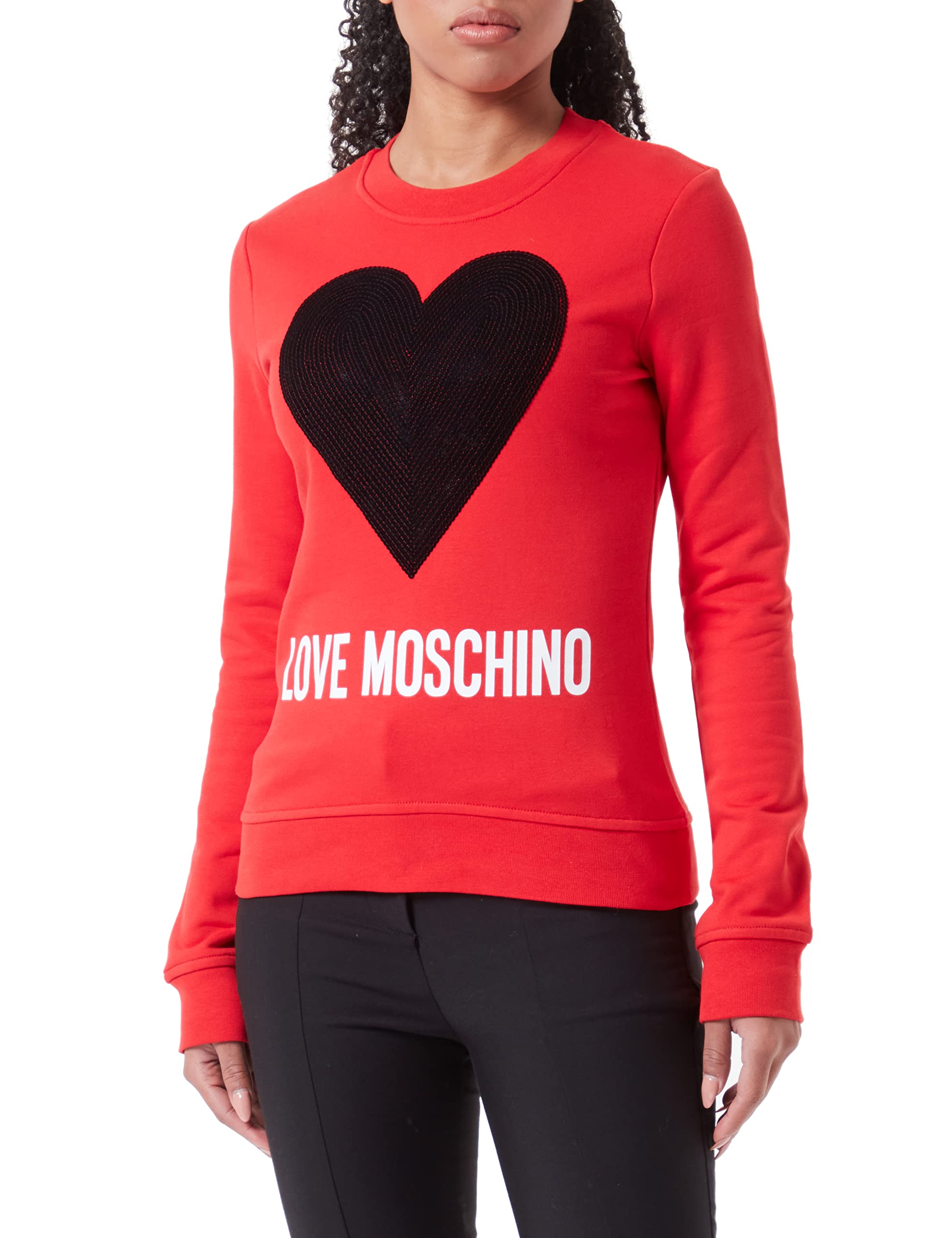 Love Moschino Women's Slim fit Roundneck Long-Sleeved Maxi Heart with Embroidered Flock Sequins and Logo Water Print Sweatshirt, RED, 42