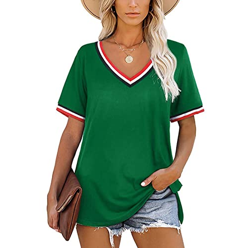 Damen Kurzarm Sommerliches, gestreiftes Patchwork-Kurzarm-T-Shirt mit V-Ausschnitt for Frauen T-Shirt Lässig (Color : F, Size : 3XL-Size)