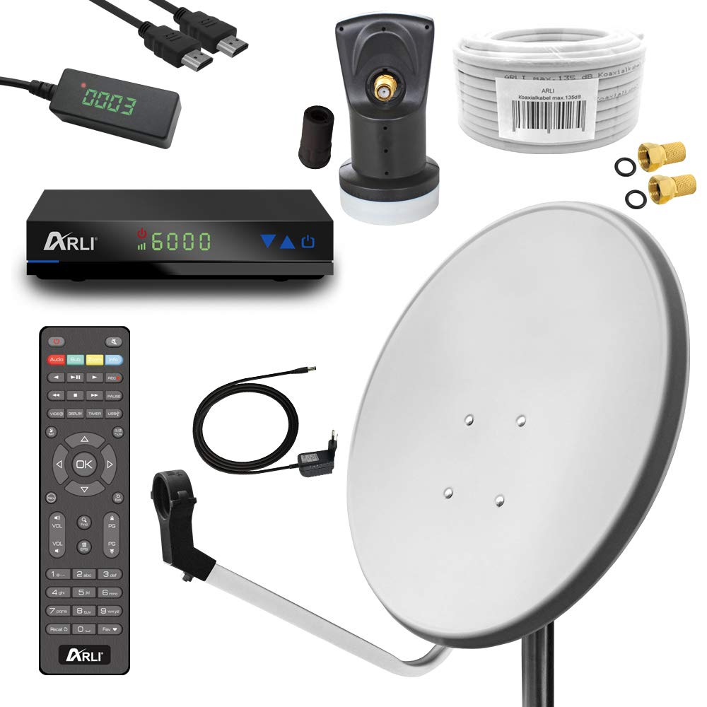 ARLI Digital Sat Anlage 60 cm Spiegel inkl. ARLI AH1 HD Receiver + Single LNB + 10m Koax Kabel + 2 F - Stecker vergoldet 1 Teilnehmer Set Camping Antenne lichtgrau/weiss 1 Teilnehmer