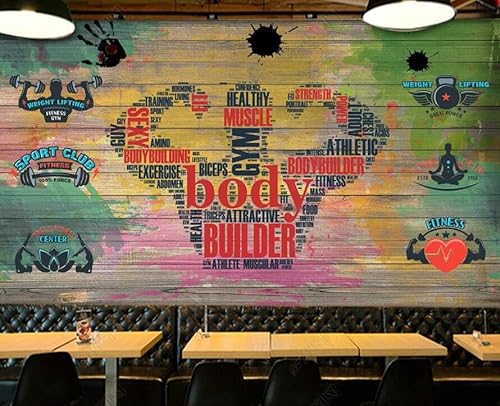 tyujlkjddlf Tapete Wandbild 3D Benutzerdefinierte Gewichtheben Fitnessstudio Holzbrett Graffiti Restaurant Hintergrundwand-140Cmx100Cm