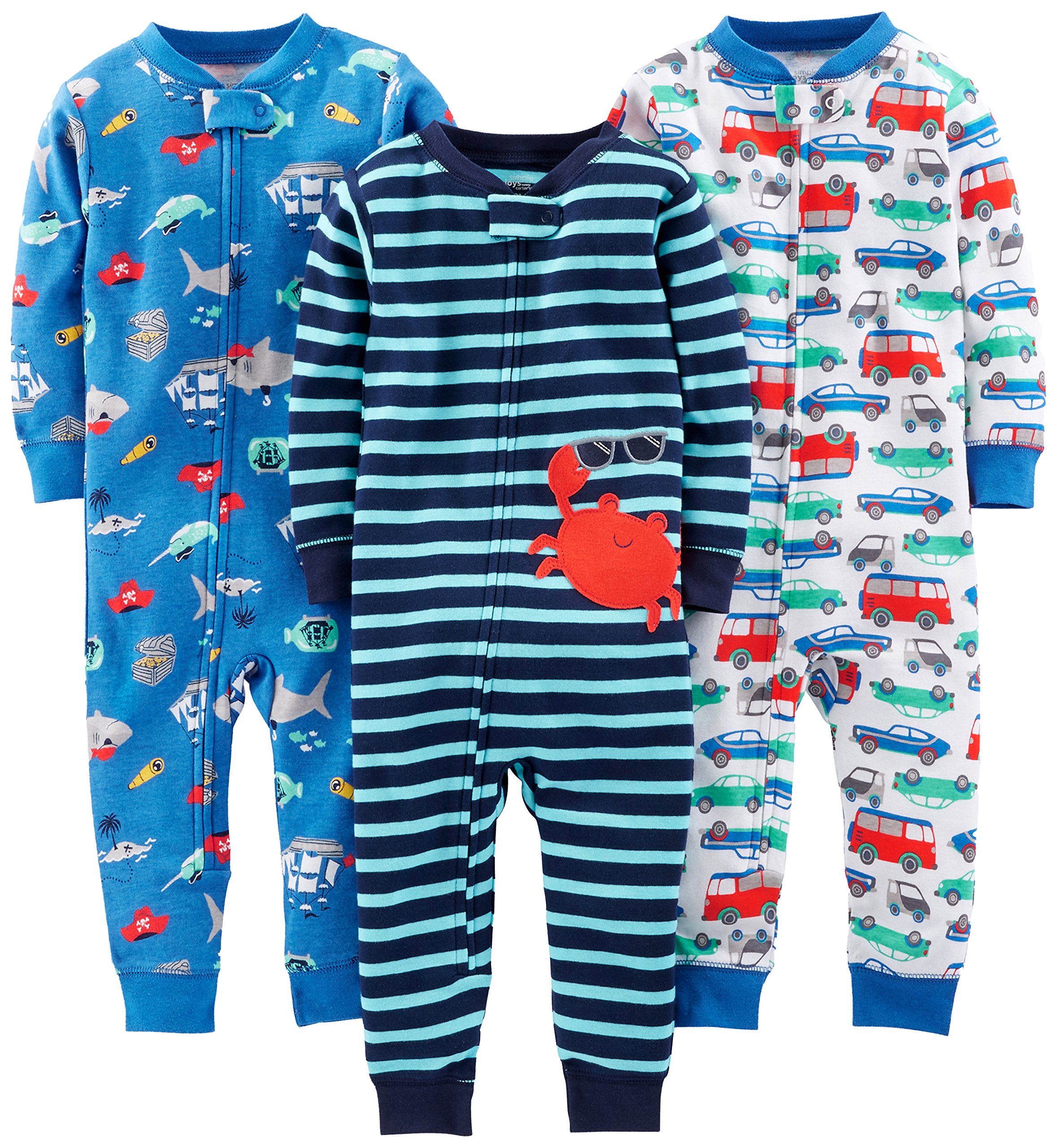 Simple Joys by Carter's Baby Mädchen 3-Pack Snug Fit Footless Cotton Pajamas Schlafstrampler, Blau Meereswelt/Marineblau Streifen/Weiß Autos, 18 Monate (3er Pack)