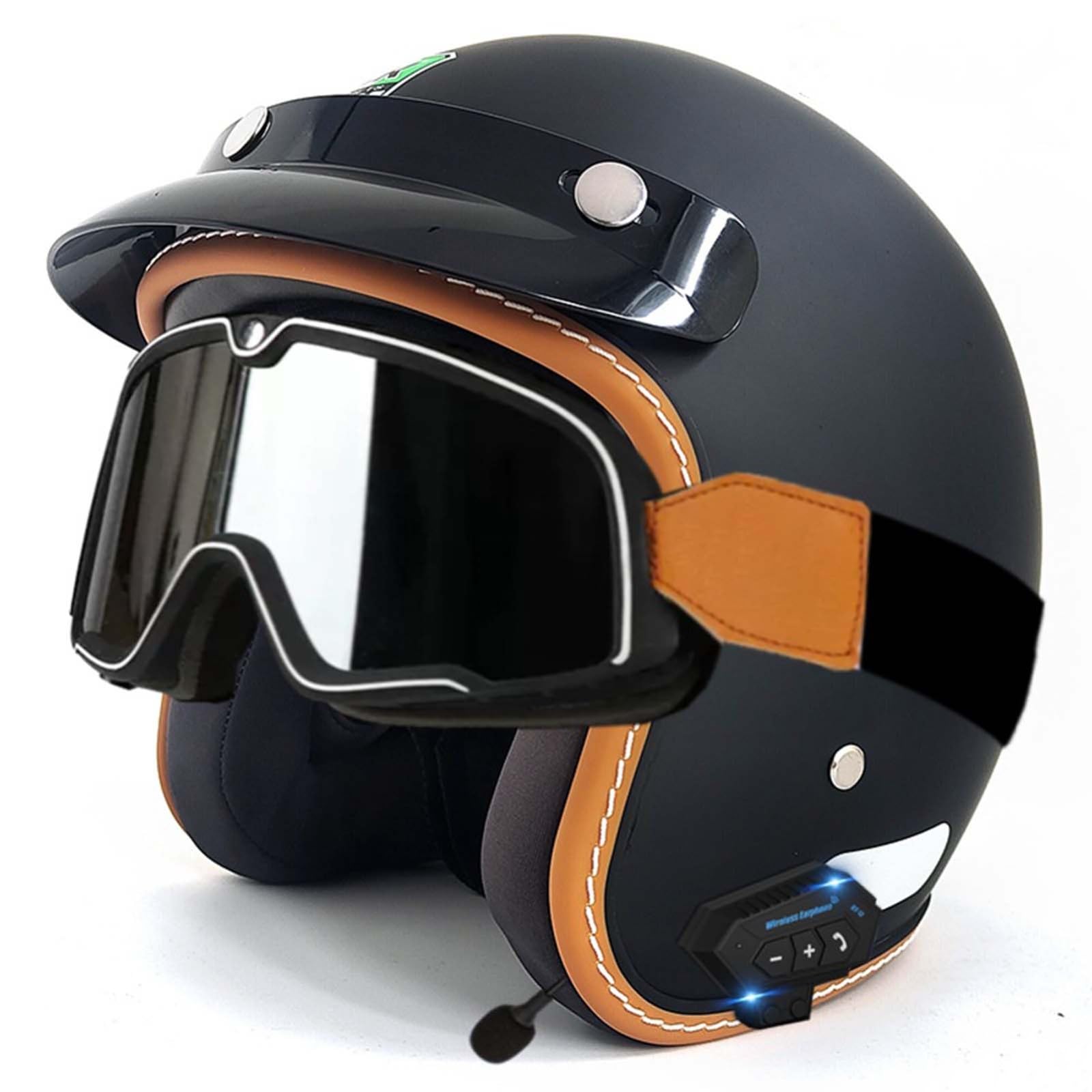 Open-Face-Helm Für Erwachsene, Bluetooth-Halbhelm, Leichter, Atmungsaktiver Retro-Scooter-Helm Mit Schnalle, DOT/ECE-Zulassung Für Männer Und Frauen D,XL61-62CM