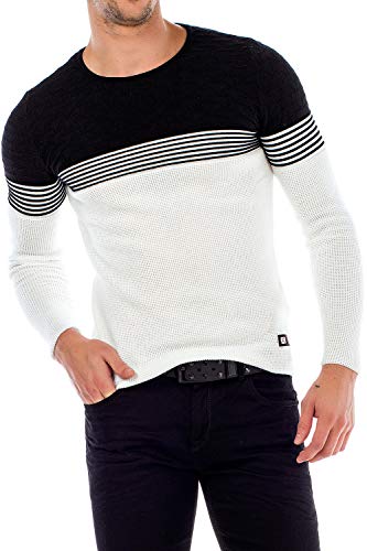 Cipo & Baxx Herren Rundhalskragen Pullover Strickpullover Sweater Ecru-Schwarz XL