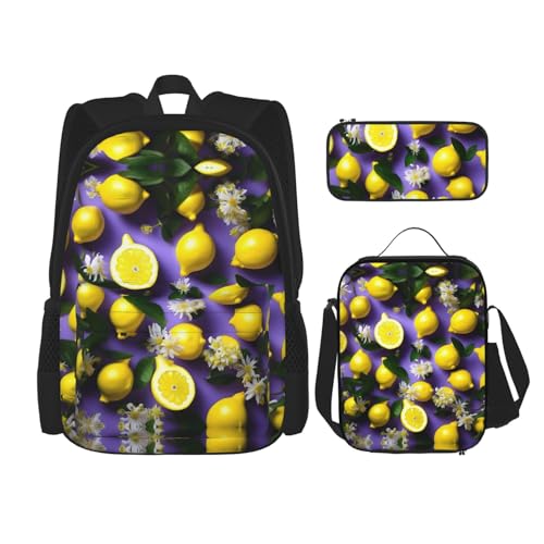 WURTON Reise-Lunchbox mit Zitronen- und Blumendruck, Federmäppchen, Rucksack-Set, 3-teilig, verstellbare Riemen, leicht, Schwarz, Einheitsgröße