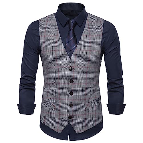 YOUTHUP Herren Elegant Westen Kariert Anzugwesten Streifen Business Slim Fit Baumwolle Herrenwesten