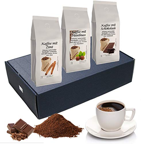 Geschenk Set Aromatisierter Kaffee Gemahlen 3 x 200 g (Haselnuss, Zimt und Schokolade)