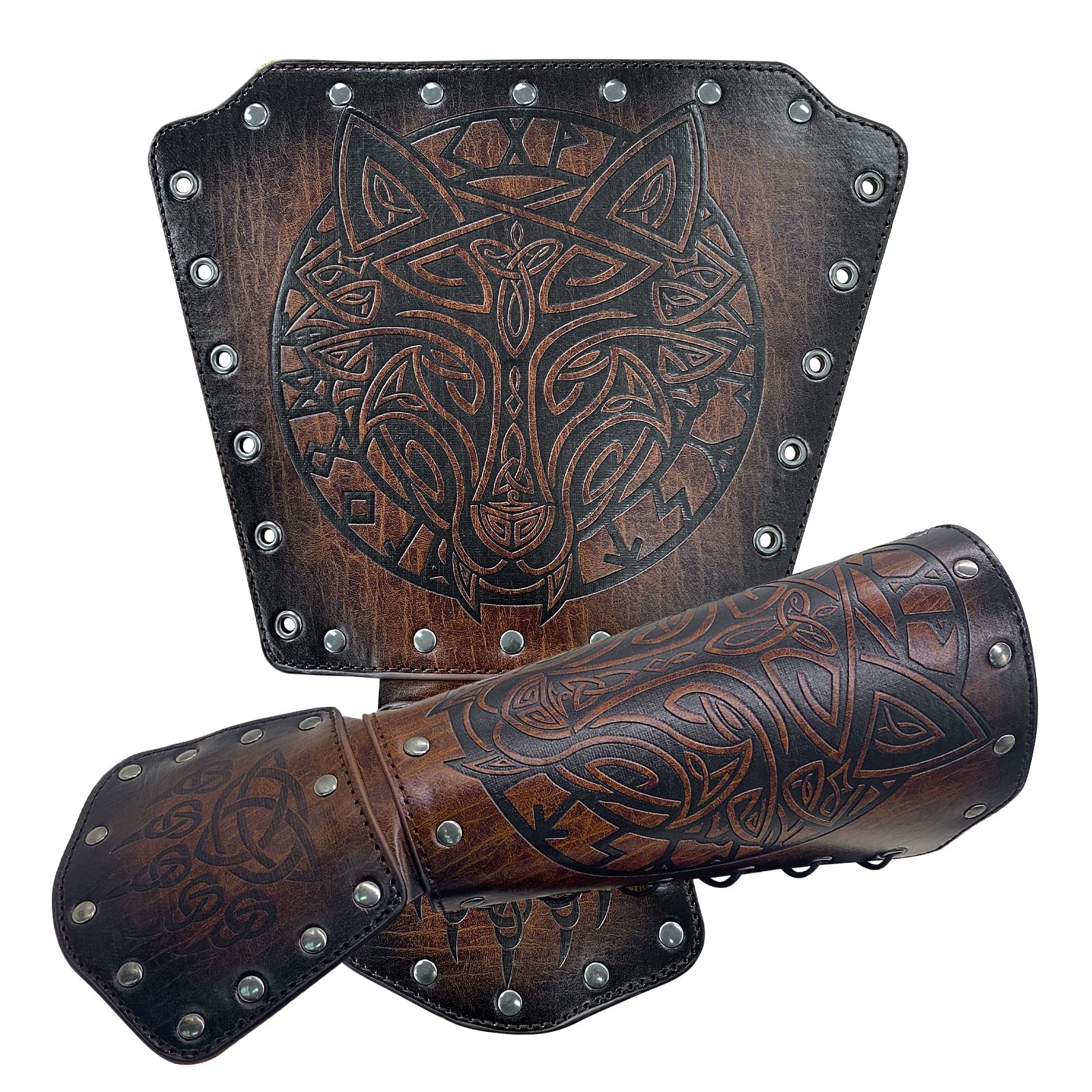 HiiFeuer Wikinger Fenrir Armschienen, Mittelalter Kunstleder Arm Rüstung Ritter Bracer LARP Halloween Kostüm (Brown B)