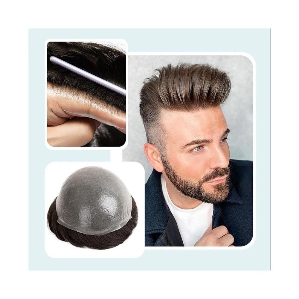 Toupet für Männer 0,04 mm dünnes Haut-Toupet-Haar for Männer, Echthaar-Haarsystem for Männer, natürlicher Haaransatz, Doppelknoten, PU-Basis, Haarersatzsystem, männliche Perücke Herren-Toupet(Darkest